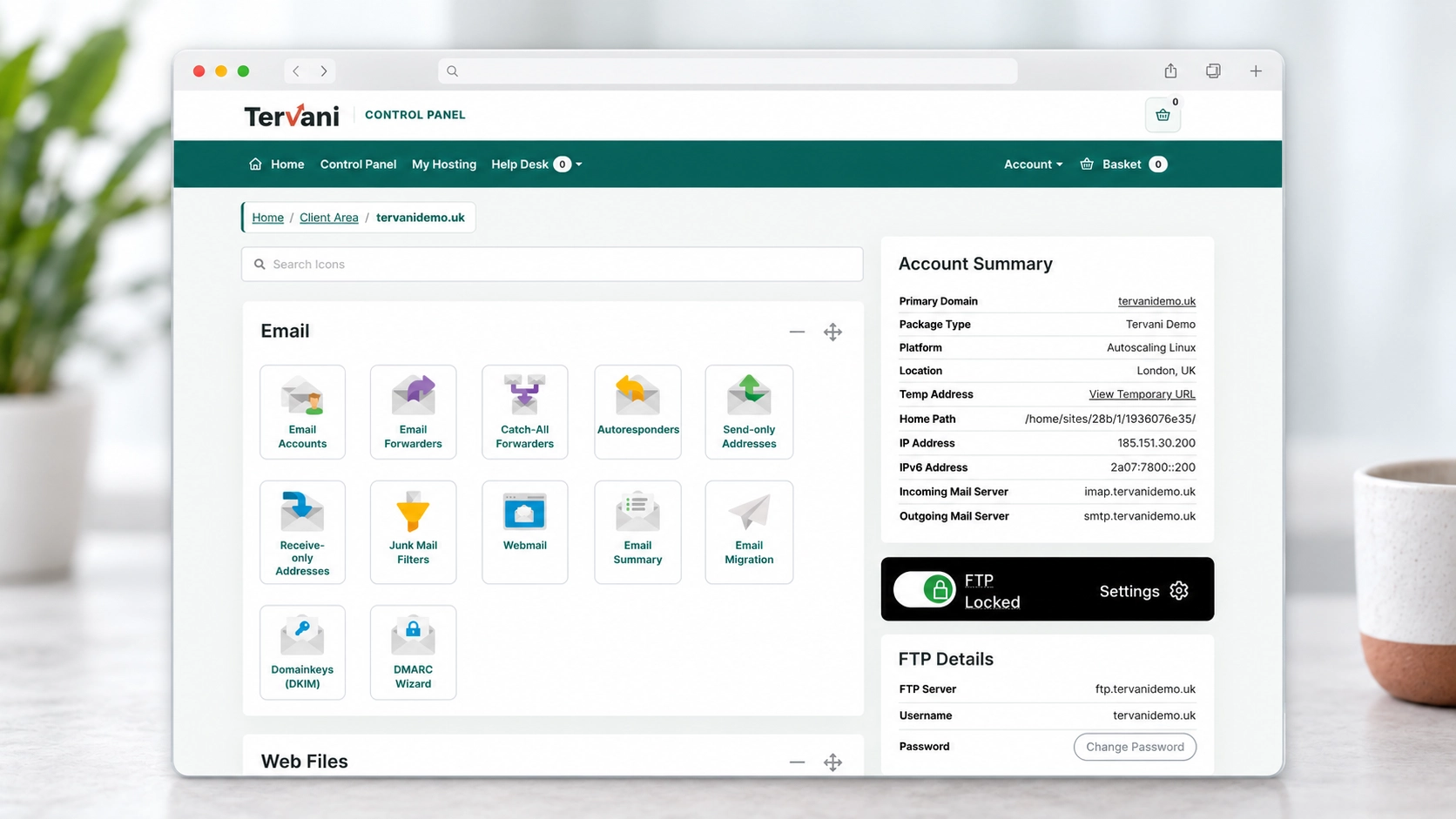Tervani control panel preview showing email tools and account details